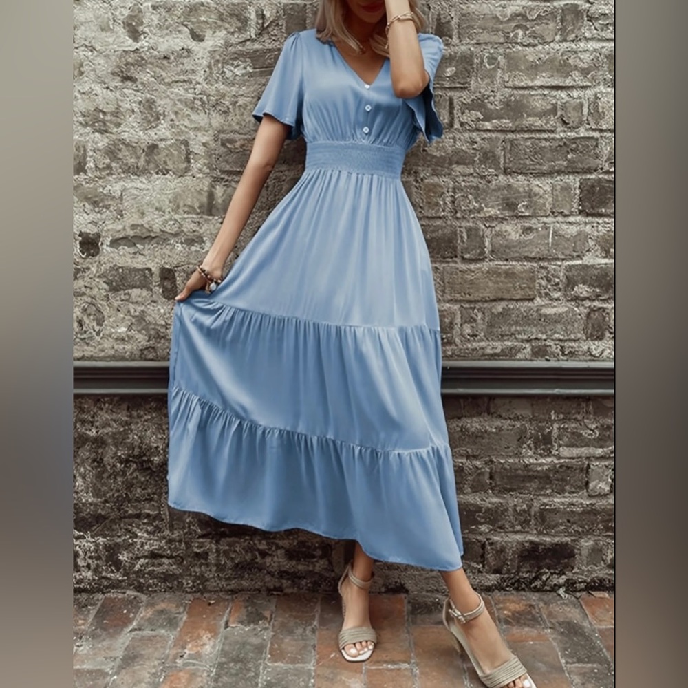 Blue Smocked Waist Tier Ruffle Maxi Dress